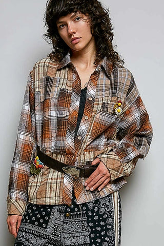 Brown Patchwork Plaid Embellished Top