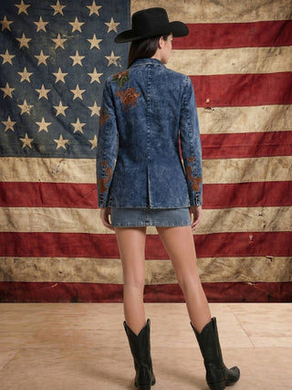 Medium Wash Embroidered Western Denim Blazer - Faire photo 5