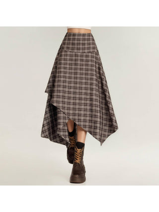 Coffee Plaid Handkerchief Midi Skirt front