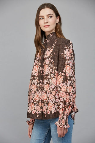 Brown Rose Print Long Sleeve Blouse