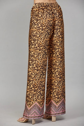 Brown Animal Motif Border Print Wide Leg Pants