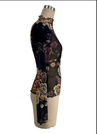 Vintage Floral Print Mesh Long Sleeve Slim Fit Top mannequin view