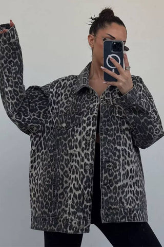 Gray Leopard Print Vintage Denim Jacket - Gray