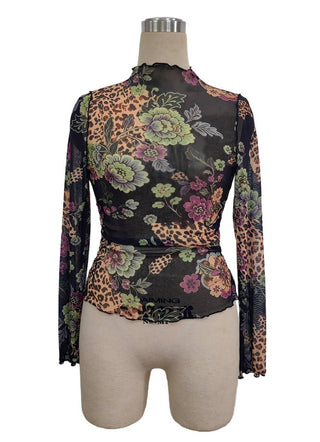 Floral Mesh Mock Neck Long Sleeve Top - Picture Color