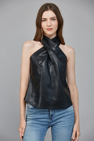Faux Leather Crisscross Neckline Top - Born To Glam
