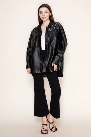 Faux Leather Rhinestone Jacket - Born To Glam