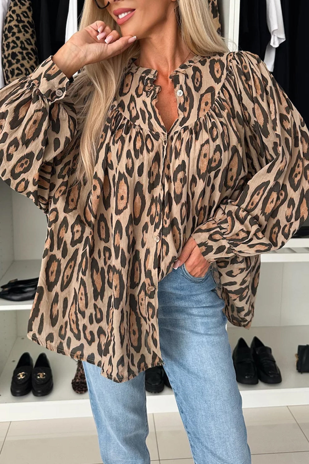 Light French Beige Oversized Leopard Print Balloon Sleeve Casual Shirt - Born To Glam Born To Glam