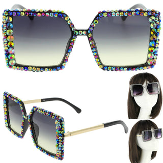 Rhinestone Ombre Oversized Square Frame Sunglasses - Born To Glam