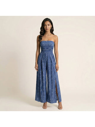 Blue Printed Smocked Strapless Wide Leg Jumpsuit alternate