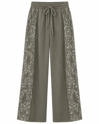 Olive Embellished Lace Panel Drawstring Pants - white background flat lay