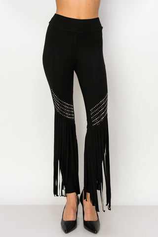 Black Rhinestone Fringe Banded Waist Leggings - front