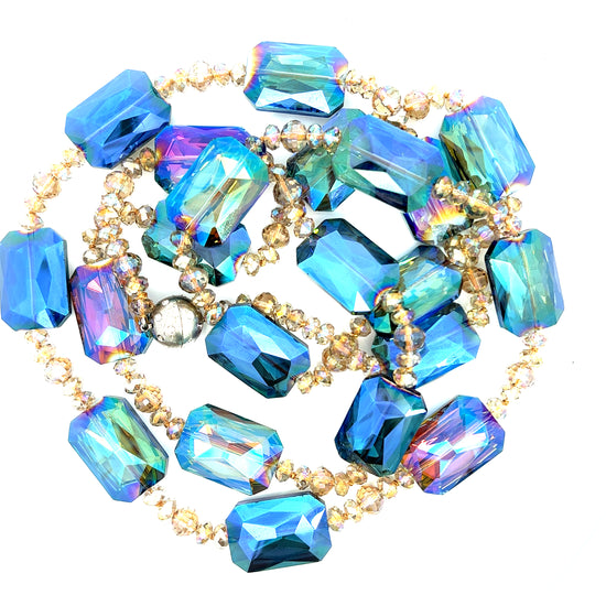 Iridescent Blue & Champagne Rectangle Crystal Long Necklace - Born To Glam