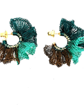 Green, Teal & Brown Small Ruffle Hoops - Born To Glam