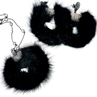 Black Circular Luxe Fur Crystal Pendant Sterling Silver Necklace - Born To Glam