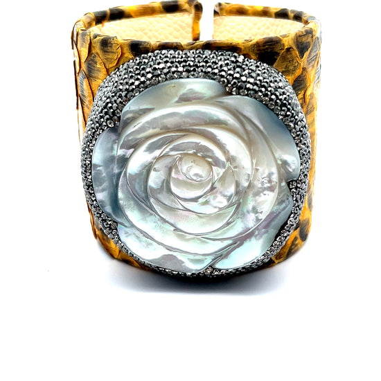 Yellow Python Flower Pearl Cuff Bracelet - Born To Glam