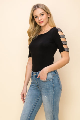 Black Cold Shoulder Rhinestone Strap Top - front