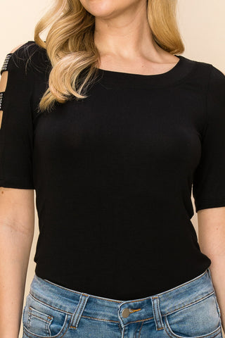Black Cold Shoulder Rhinestone Strap Top - detail