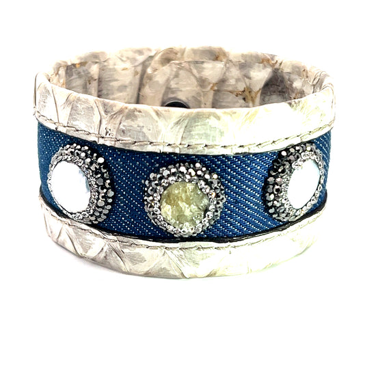 Gray Snakeskin Leather & Denim Gemstone Bracelet