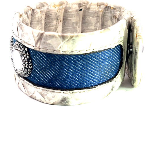 Gray Snakeskin Leather & Denim Gemstone Bracelet