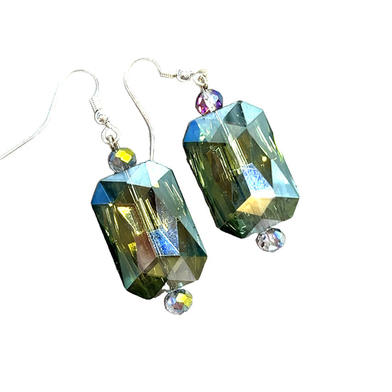 Metallic Green Colorized Rectangle Crystal Earring