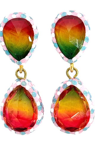 Teardrop Multicolor Gemstone Crystal Sterling Silver Double Drop Earrings - Born To Glam