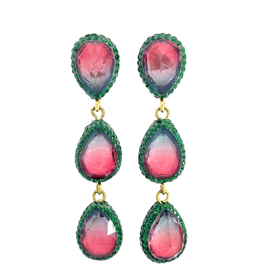 Green Crystal Multicolor Gemstone 3 Tier Sterling Silver Earrings - Born To Glam