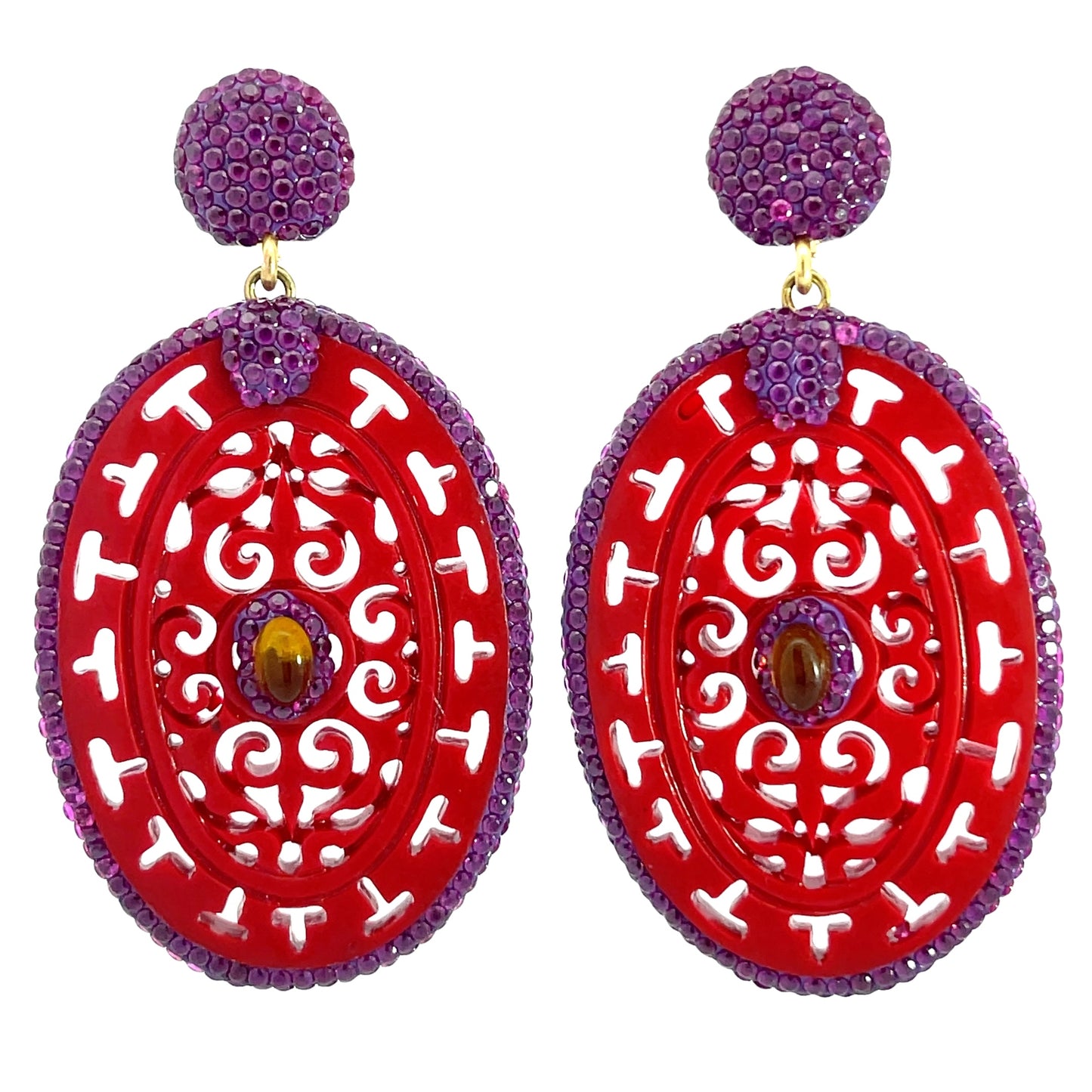 Purple Crystal Red Oval Sterling Silver Earrings - Born To Glam