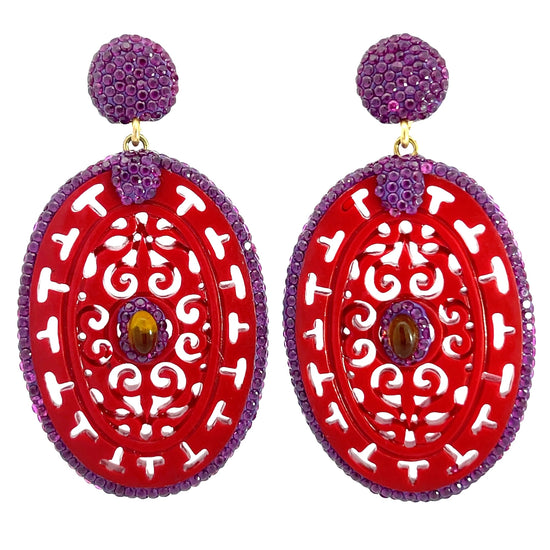 Purple Crystal Red Oval Sterling Silver Earrings - Born To Glam