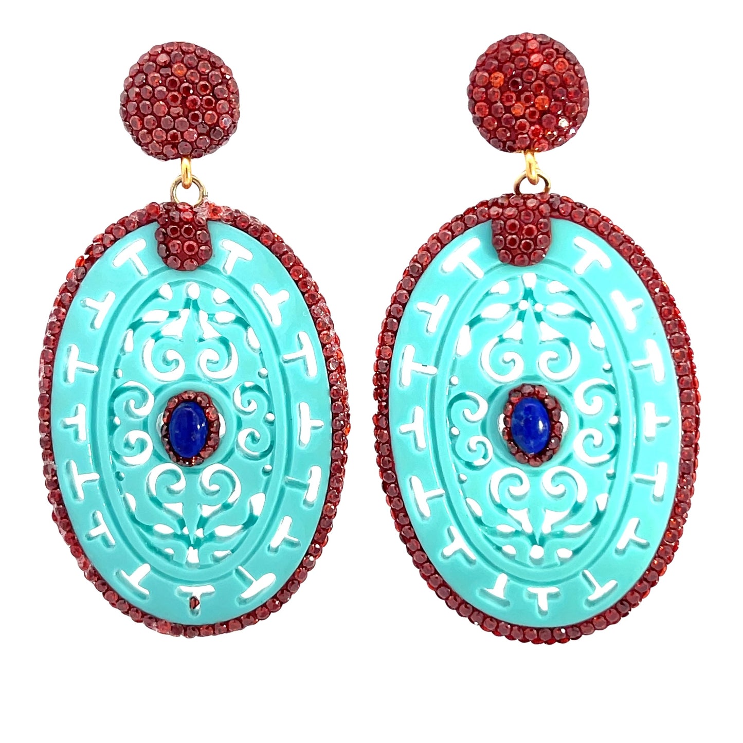 Red Crystal Turquoise Oval Sterling Silver Earrings - Born To Glam