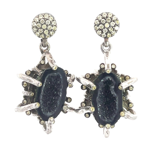 Black Agate & Crystal Sterling Silver Dangle Earrings - Born To Glam