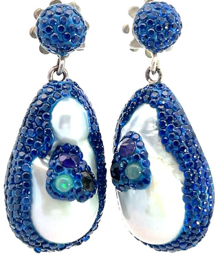 Navy Blue Crystal Pearl Drop Sterling Silver Earrings - Born To Glam