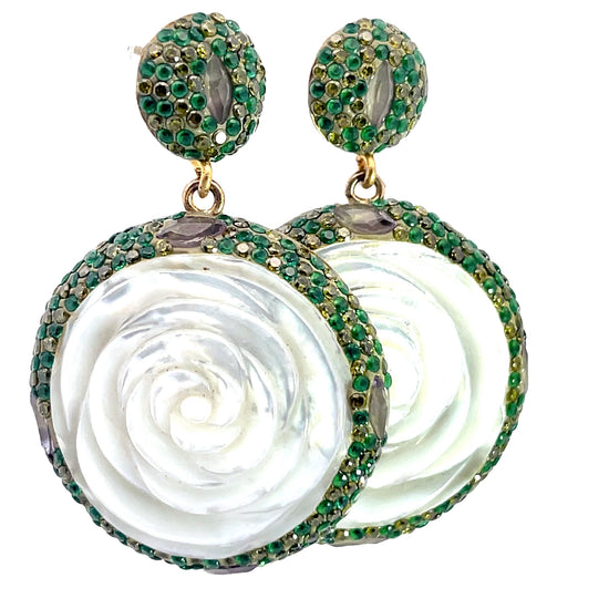 Green Crystal Mother Of Pearl Flower Dangle Sterling Silver Earrings - Born To Glam