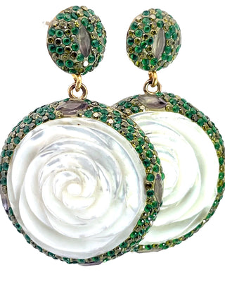 Green Crystal Mother Of Pearl Flower Dangle Sterling Silver Earrings - Born To Glam