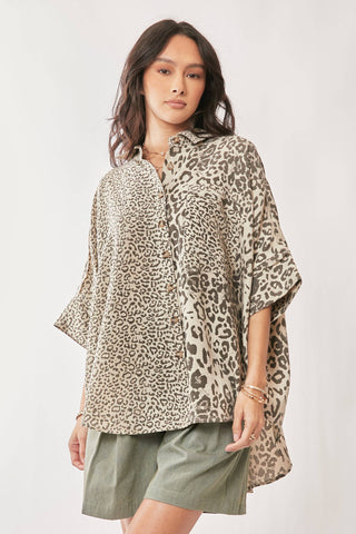 TAUPE LEOPARD ANIMAL PRINTED RIBBON RUFFLE SLEEVE SHIRT TOP - Born To Glam