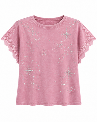Pink Vintage Washed Western Rhinestone Top - white background flat lay
