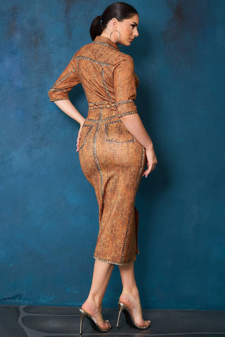 Denim Effect Button Down Short Sleeve Midi Dress - Born To Glam
