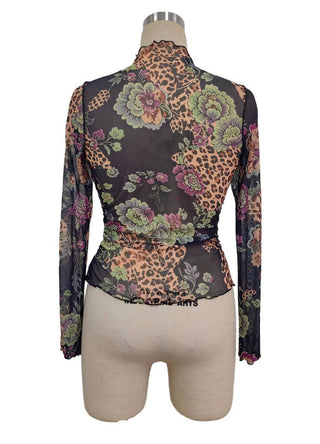 Floral Mesh Mock Neck Long Sleeve Top - Picture Color