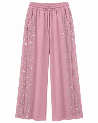 Pink Embellished Lace Panel Drawstring Pants - white background flat lay