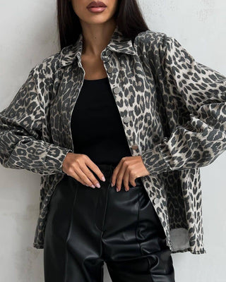Gray Leopard Print Vintage Denim Jacket - Gray