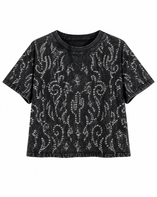 Black Vintage Washed Western Rhinestone Top - white background flat lay