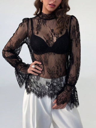 Black Sheer Lace Bell Sleeve Blouse - Black