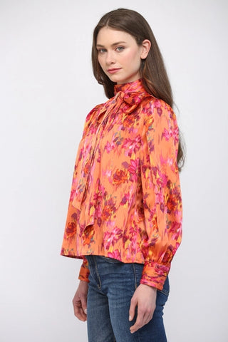 Orange Satin Floral Tie Neck Blouse