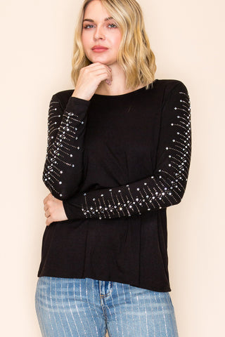Black long sleeve crew neck top with crystal embellishments cascading down both sleeves.