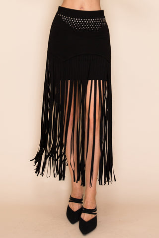 Black Fringe Stud Maxi Skirt - front