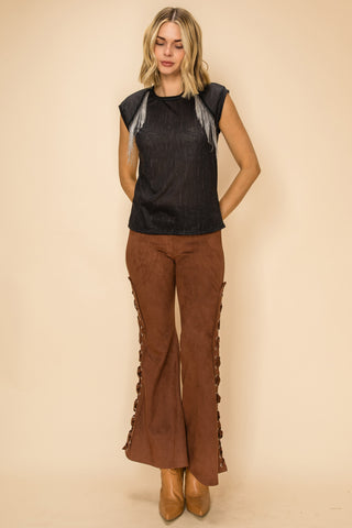Black Rhinestone Fringe Cap Sleeve Tank Top