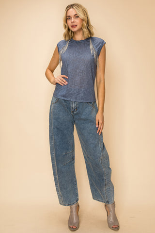 Denim Rhinestone Fringe Cap Sleeve Tank Top