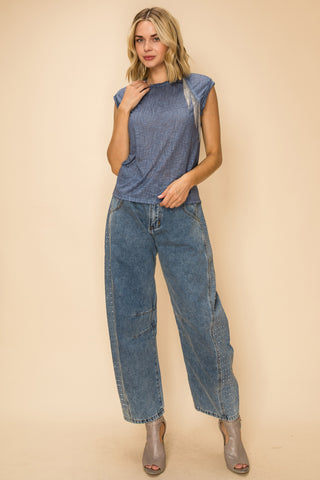 Denim Rhinestone Fringe Cap Sleeve Tank Top