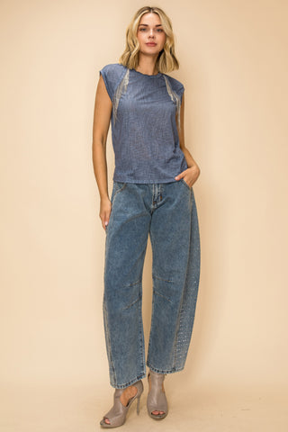Denim Rhinestone Fringe Cap Sleeve Tank Top