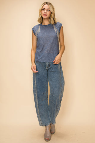 Denim Rhinestone Fringe Cap Sleeve Tank Top