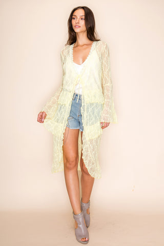 Yellow Front Tie Long Cardigan with Lace Trim - front